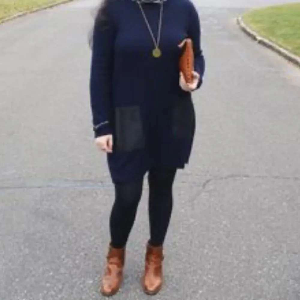 COS oversized navy blue mini dress sweater w black faux leather pockets sz M - Picture 5 of 14